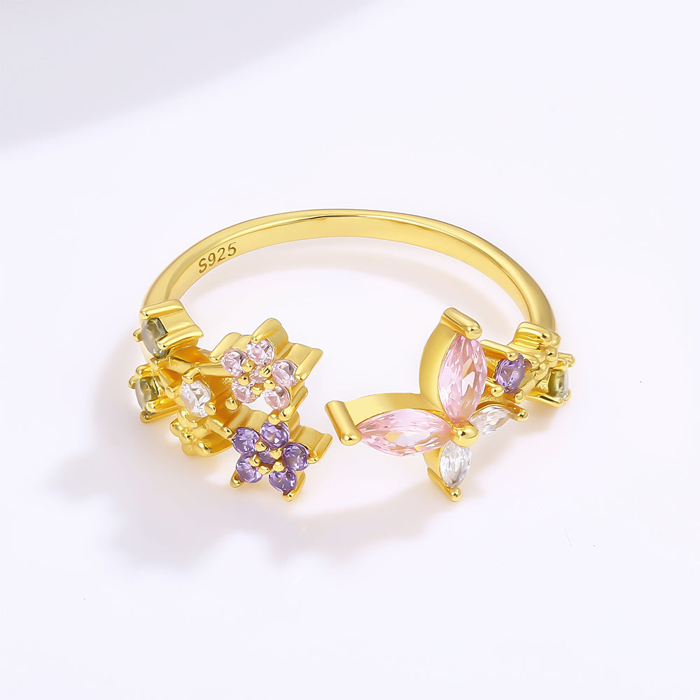 Anel de Liga de Ouro com Cristal Emporia® Rosa e Cristal Emporia® Roxo