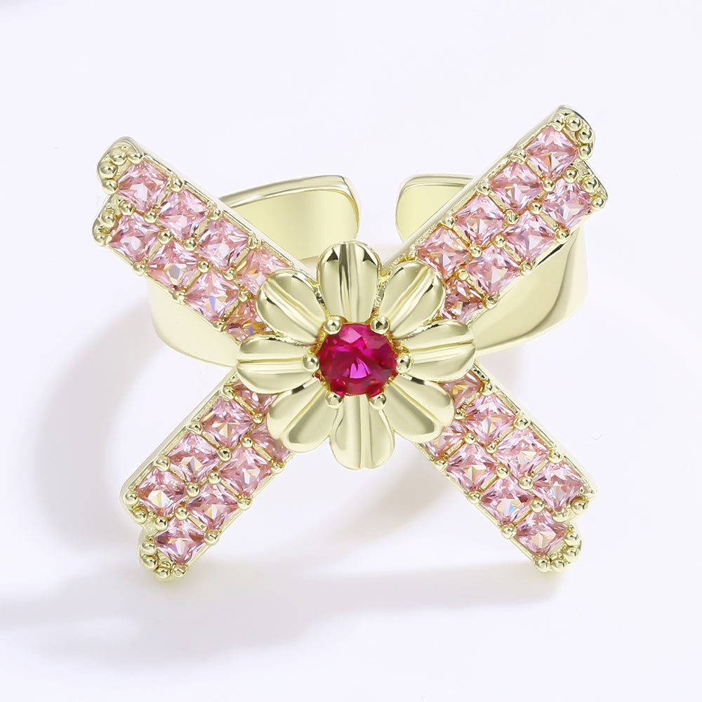 Anel de Liga de Ouro com Cristal Emporia® Vermelho e Cristal Emporia® Rosa