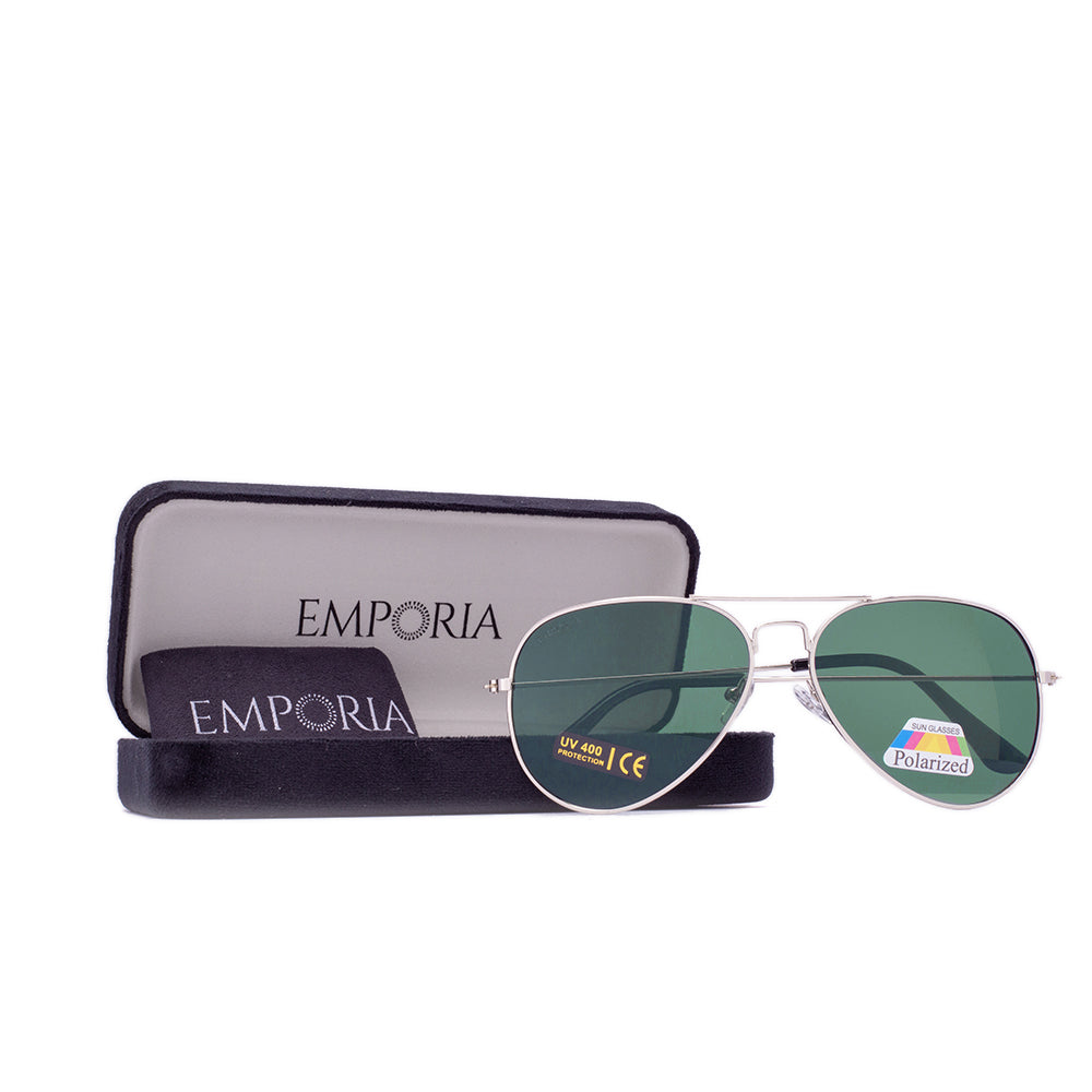 Emporia Itália - Série Aviator "ORIGINAL", óculos de sol com filtro UV polarizados com estojo rígido e pano de limpeza, lentes de proteção solar de cor verde escuro, armação prateada