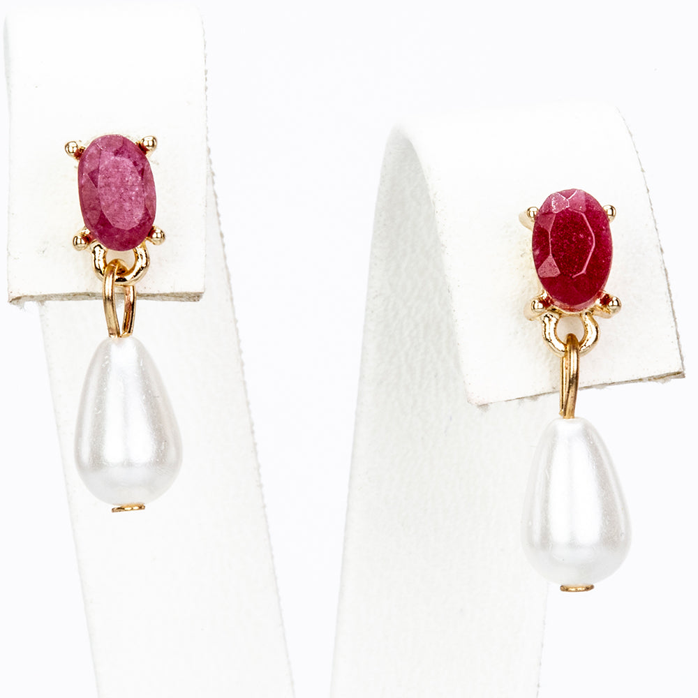 Conjunto de Liga de Ouro com Rubi e Pérola de Vidro ( Colar+Brincos+Pendente )