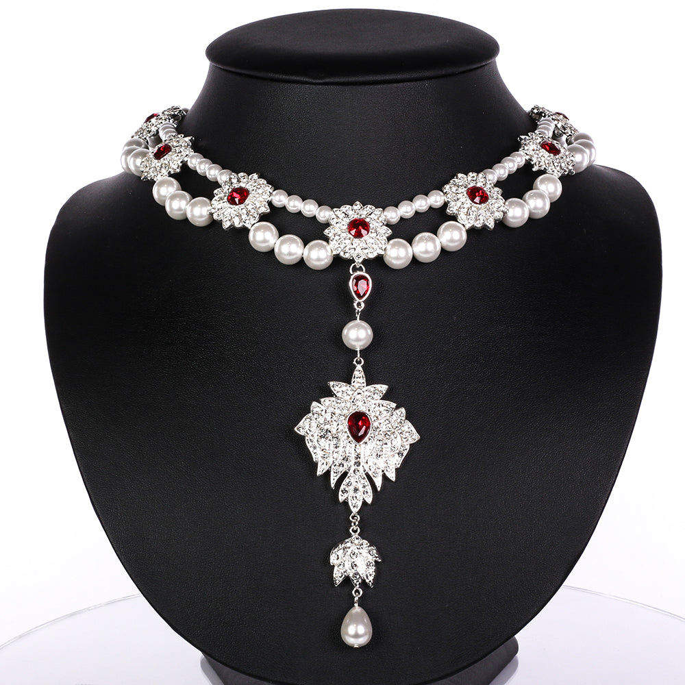 Conjunto de Liga de Ouro com Pérola de Vidro e Cristal Emporia® Branco ( Colar+Brincos )