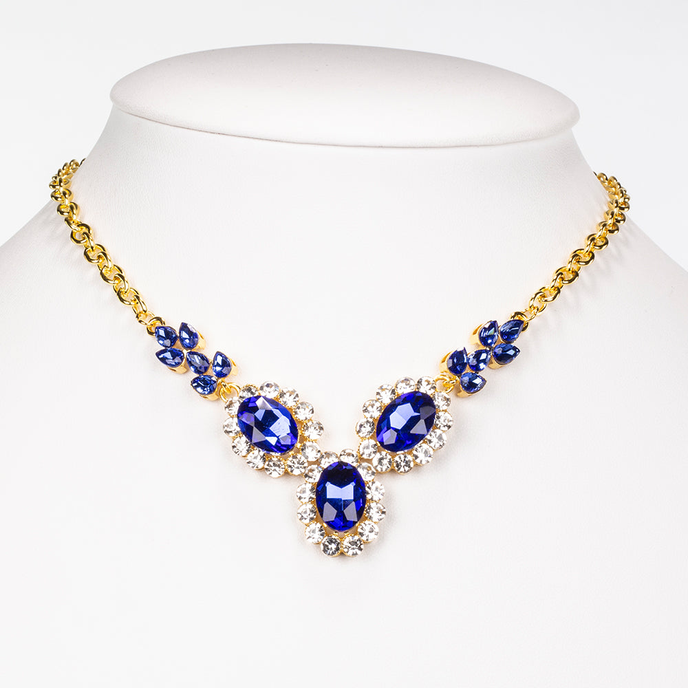 Conjunto de Liga de Ouro com Cristal Emporia® Azul e Cristal Emporia® Branco ( Colar+Brincos )