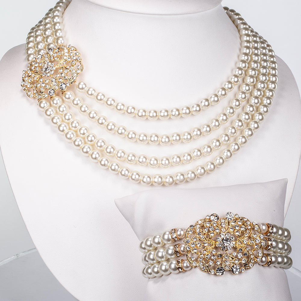 Conjunto de Liga de Ouro com Pérola de Vidro e Cristal Emporia® Branco ( Colar+Pulseira )