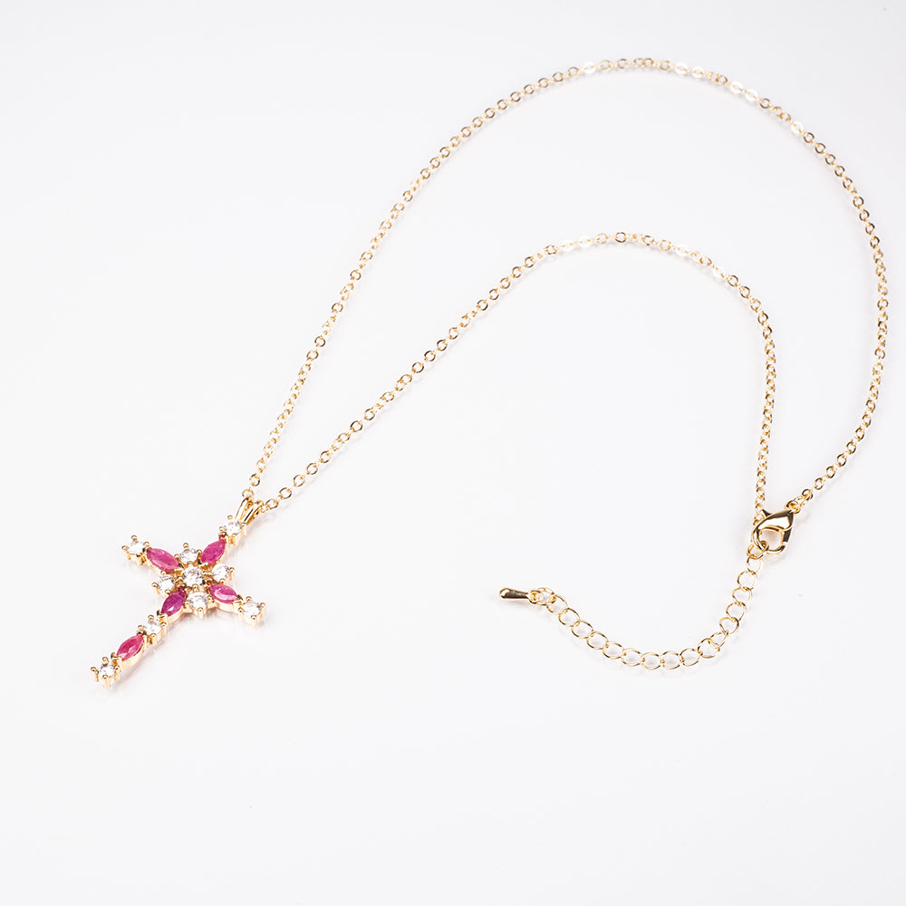 Cruz Colar de Liga de Ouro com Rubi e Cristal Emporia® Branco ( Colar+Pendente )