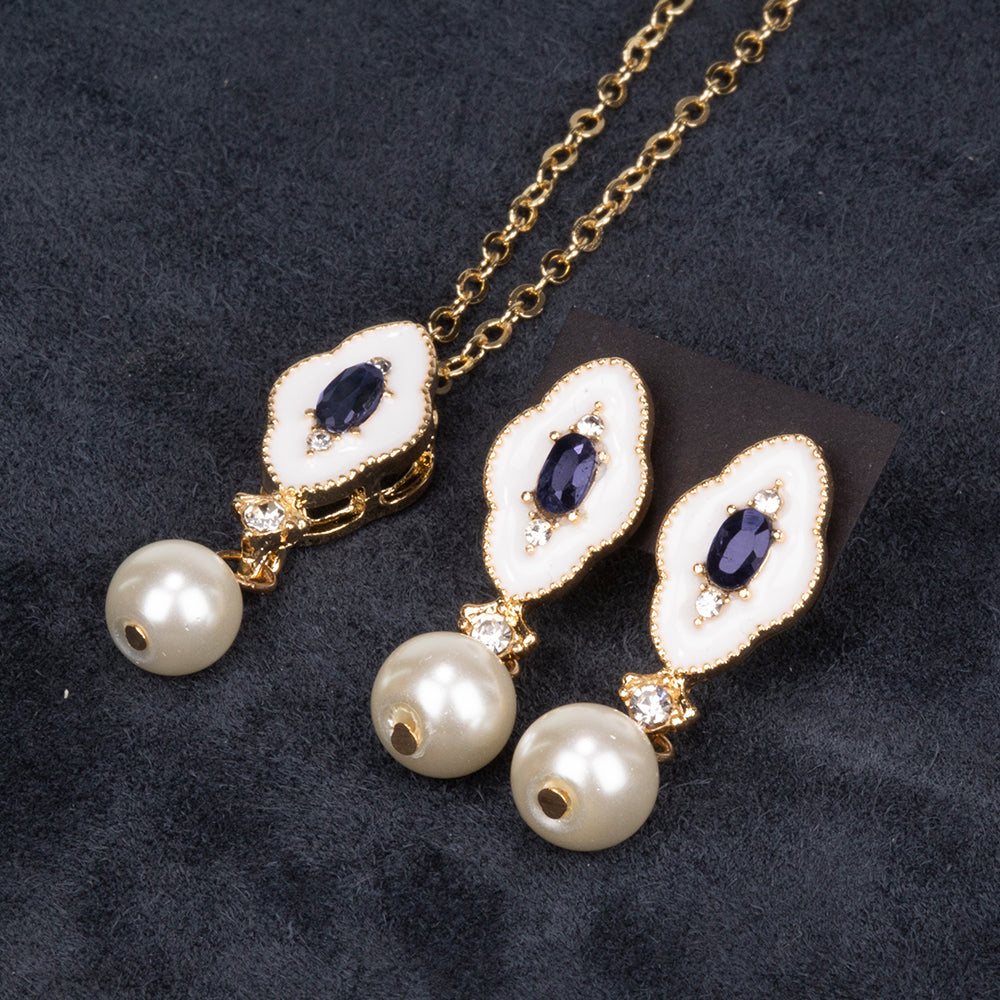 Conjunto de Liga de Ouro com Safira e Pérola de Vidro ( Colar+Brincos+Pendente )