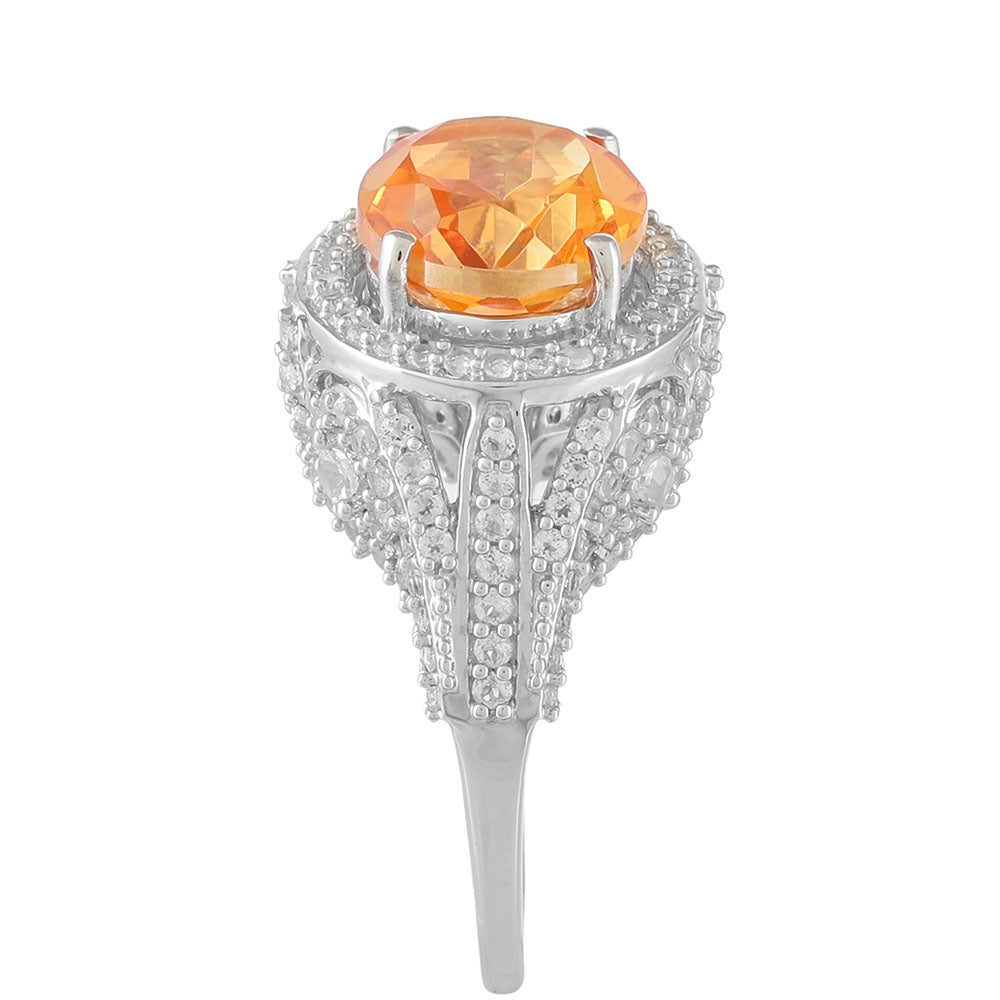 Anel de Prata com Quartzo Padparadscha e Topázio Branco Contraste: Cabeca de Veado (800)