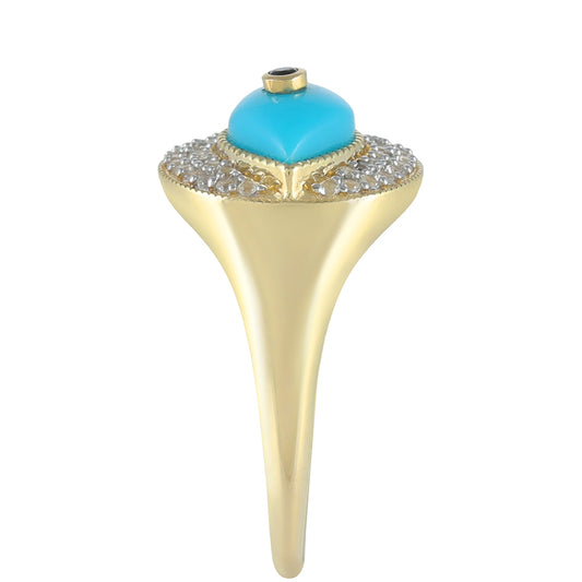 Anel de Ouro com Turquesa Bela Adormecida e Espinela Preta Contraste: Cruz missionária