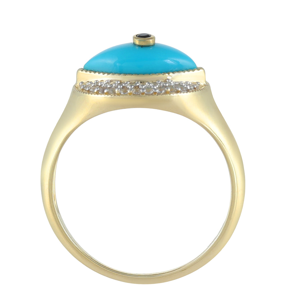 Anel de Ouro com Turquesa Bela Adormecida e Espinela Preta Contraste: Cruz missionária