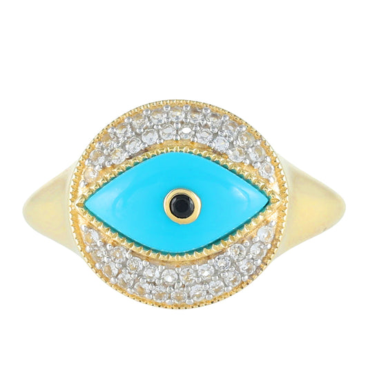 Anel de Ouro com Turquesa Bela Adormecida e Espinela Preta Contraste: Cruz missionária