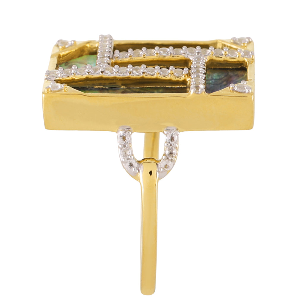 Anel de Prata com Banho de Ouro com Concha de Paua e Topázio Branco Contraste: Cabeca de Veado (800)