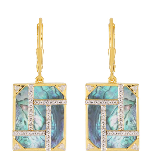 Brincos de Prata com Banho de Ouro com Concha de Paua e Topázio Branco Contraste: Cabeca de Veado (800)