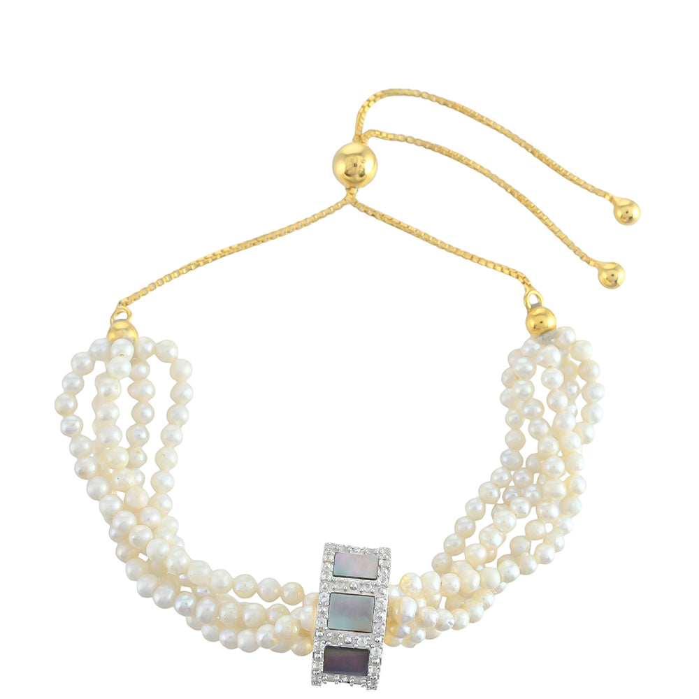 Pulseira de Prata com Banho de Ouro com Concha de Paua e Pérola Cultivada em Água Doce Contraste: Cabeca de Veado (800)