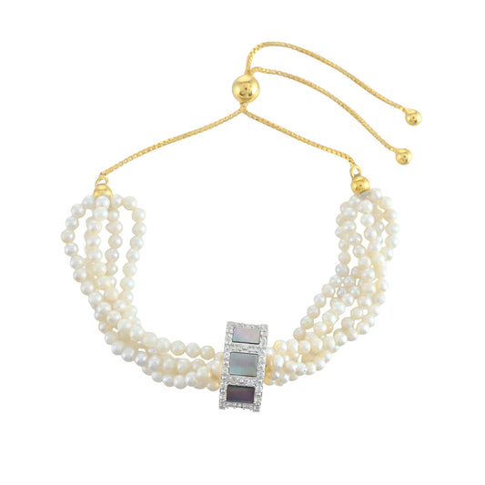 Pulseira de Prata com Banho de Ouro com Concha de Paua e Pérola Cultivada em Água Doce Contraste: Cabeca de Veado (800)