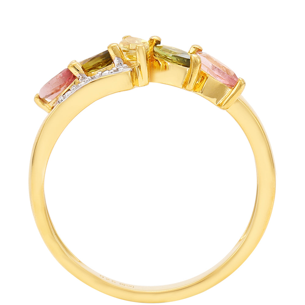 Anel de Prata com Banho de Ouro com Turmalina Arco-íris de Pelmadulla e Topázio Branco