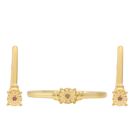 Conjunto de Prata com Banho de Ouro com Diamante Vermelho ( Brincos+Anel ) Contraste: Cabeca de Veado (800)