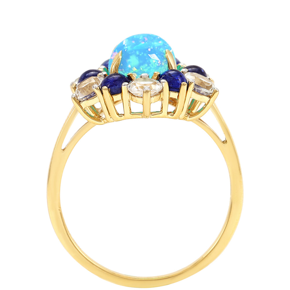 Anel de Ouro com Opala Azul Paraib da Etiópia e Safira Azul Contraste: Cruz missionária