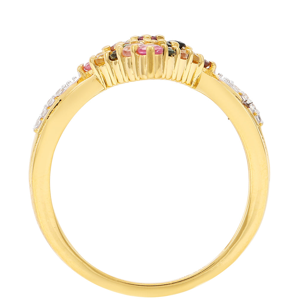 Anel de Prata com Banho de Ouro com Turmalina Arco-íris de Pelmadulla e Topázio Branco Contraste: Cabeca de Veado (800)