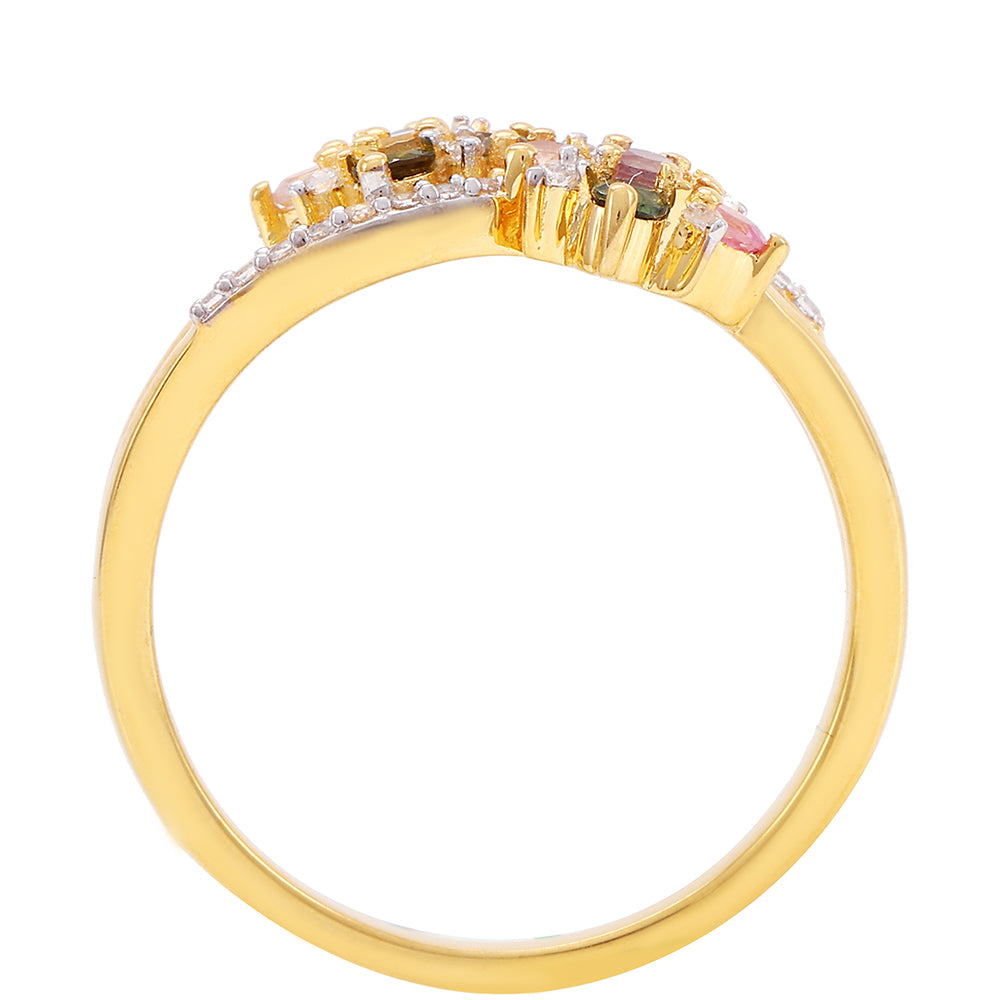 Anel de Prata com Banho de Ouro com Turmalina Arco-íris de Pelmadulla e Topázio Branco