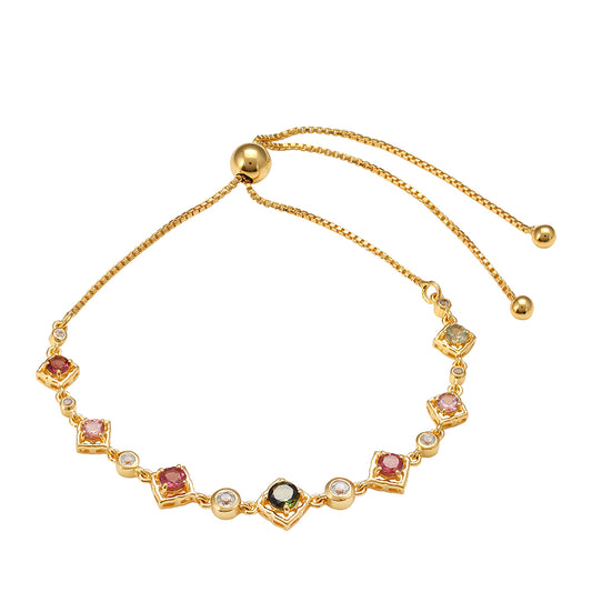 Pulseira de Prata com Banho de Ouro com Turmalina Arco-íris de Pelmadulla e Topázio Branco Contraste: Cabeca de Veado (800)