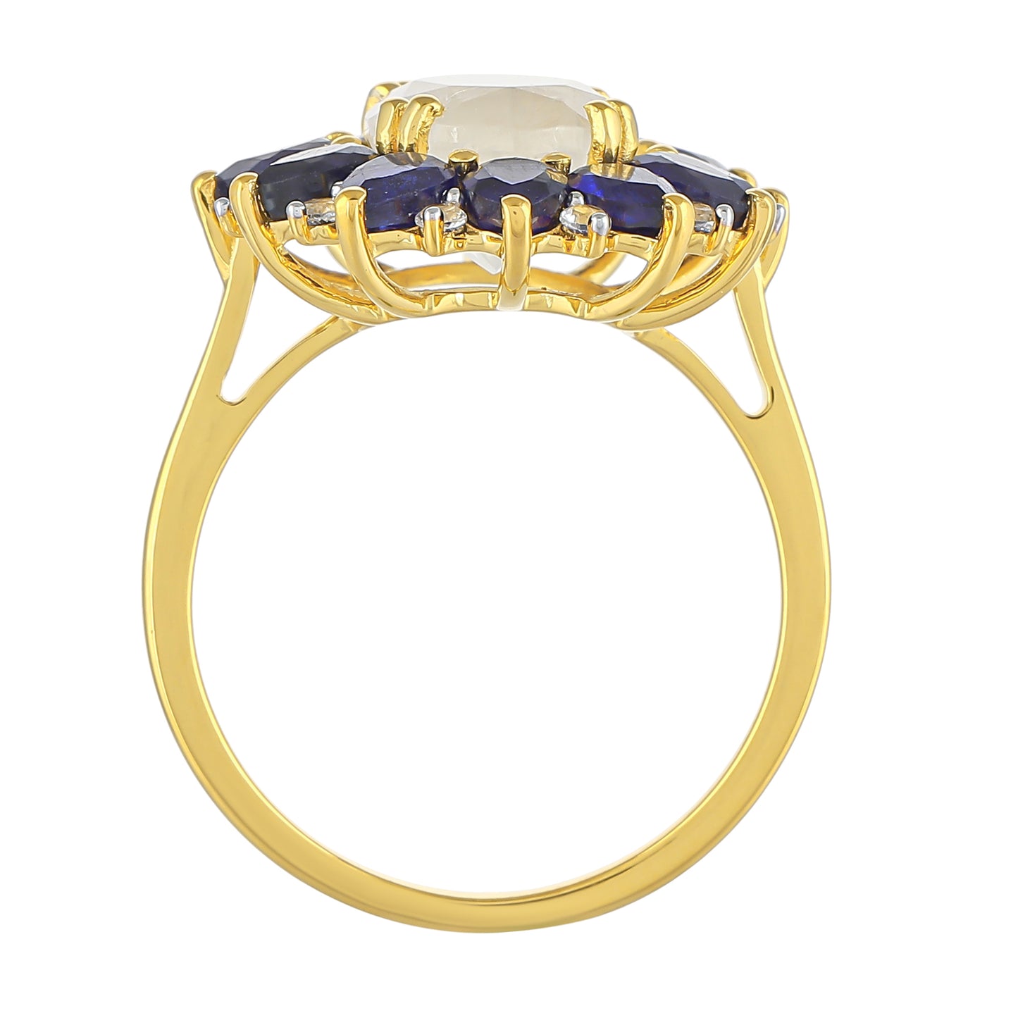 Anel de Prata com Banho de Ouro com Pedra da Lua Arco-íris e Safira da Tailândia