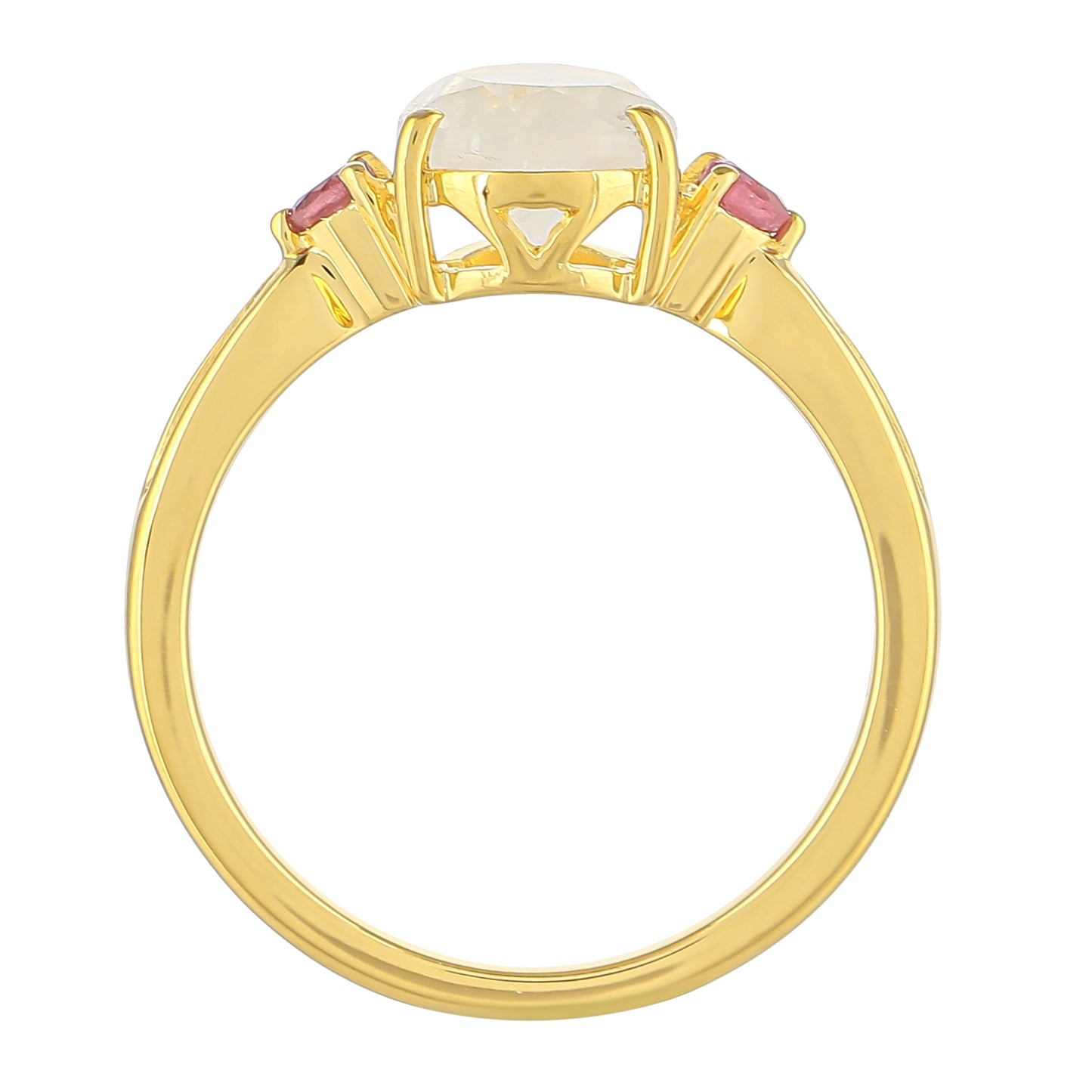 Anel de Prata com Banho de Ouro com Pedra da Lua Arco-íris e Rubi da Tailândia