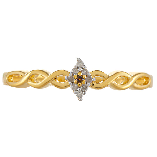 Anel de Prata com Banho de Ouro com Diamante Vermelho e Diamante Branco