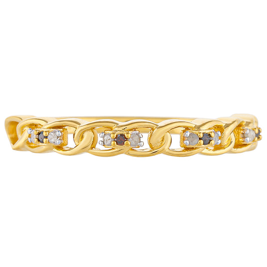 Anel de Prata com Banho de Ouro com Diamante Vermelho e Diamante Branco