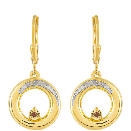 Brincos de Prata com Banho de Ouro com Diamante Vermelho e Diamante Branco