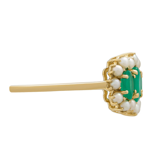 Anel de Ouro com Esmeralda do Brasil e Pérola de Água Doce Branca Contraste: Cruz missionária