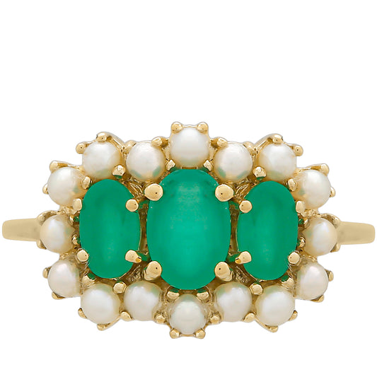 Anel de Ouro com Esmeralda do Brasil e Pérola de Água Doce Branca Contraste: Cruz missionária