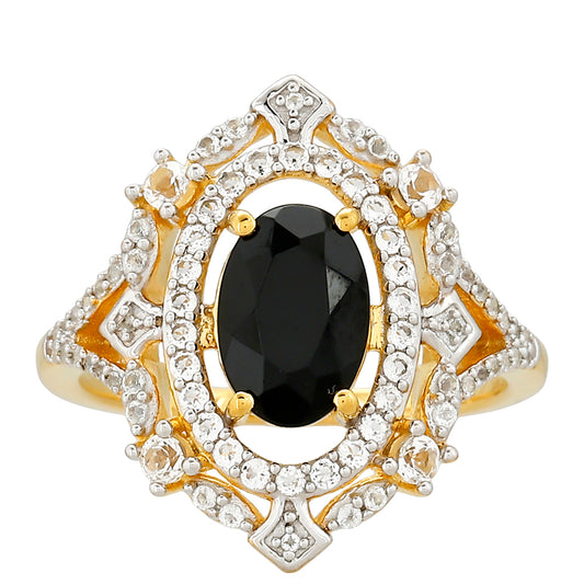 Anel de Prata com Banho de Ouro com Turmalina Preta e Topázio Branco Contraste: Cabeca de Veado (800)