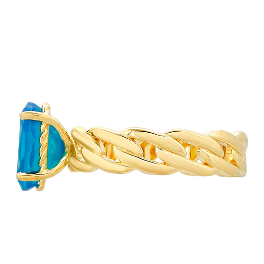 Anel de Prata com Banho de Ouro com Opala Azul Paraib da Etiópia Contraste: Cabeca de Veado (800)