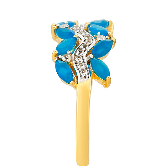 Anel de Prata com Banho de Ouro com Opala Azul Paraib da Etiópia e Topázio Branco