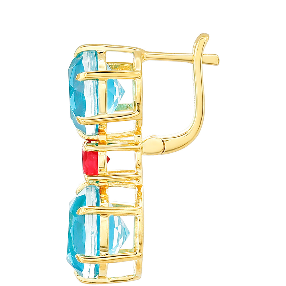 Brincos de Prata com Banho de Ouro com Quartzo de Paraíba e Quartzo Vermelho