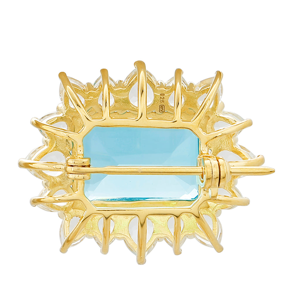 Alfinete de Prata com Banho de Ouro com Quartzo de Paraíba e Topázio Branco