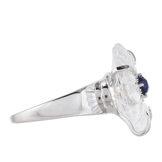 Anel de Prata com Safira da Tailândia e Quartzo Cristal Contraste: Cabeca de Veado (800)