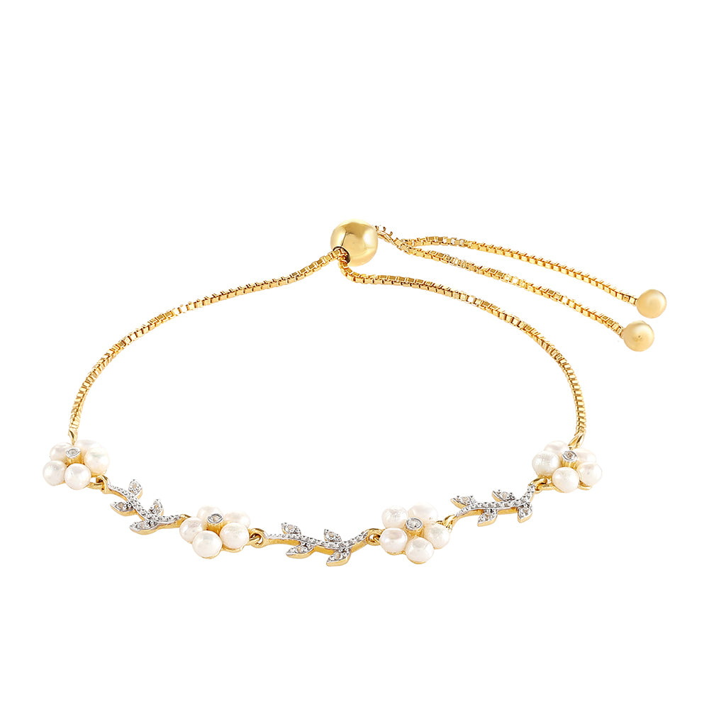 Pulseira de Prata com Banho de Ouro com Pérola Cultivada de Baroque e Topázio Branco Contraste: Cabeca de Veado (800)