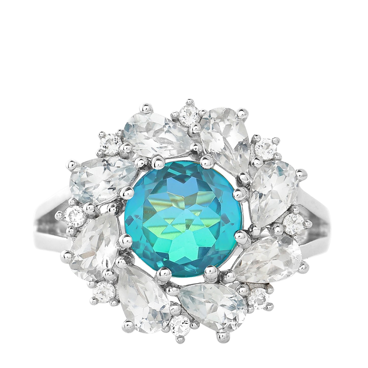 Anel de Prata com Quartzo Pavão e Topázio Branco Contraste: Cabeca de Veado (800)