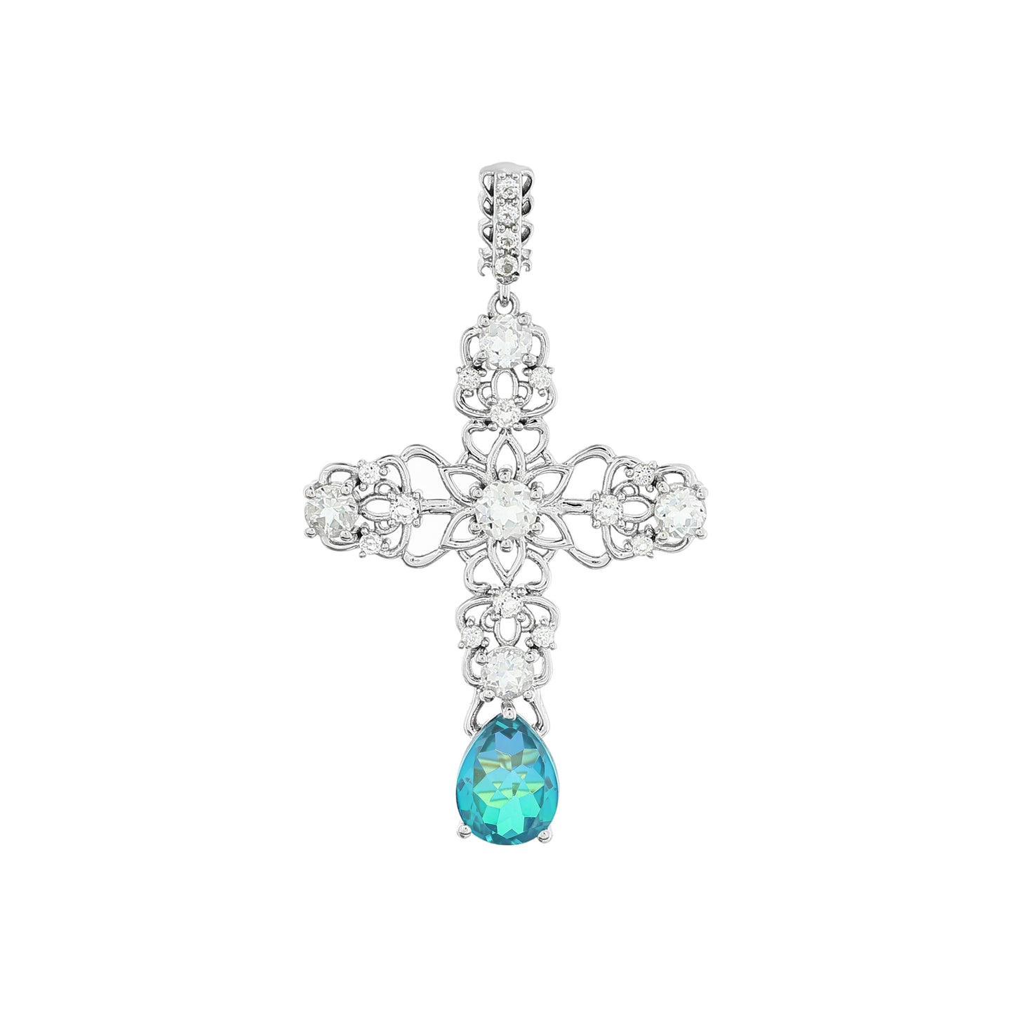 Cruz Pendente de Prata com Quartzo Pavão e Topázio Branco Contraste: Cabeca de Veado (800)