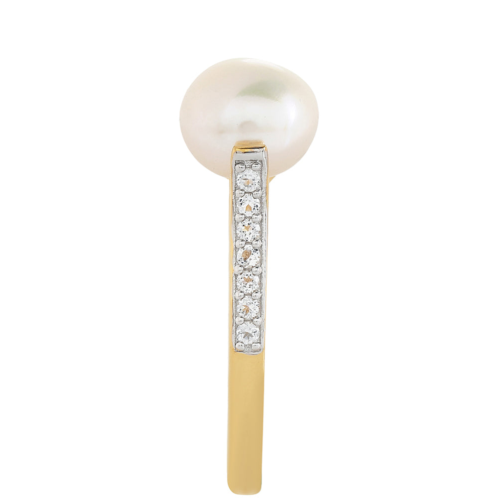 Anel de Prata com Banho de Ouro com Pérola Cultivada de Baroque e Topázio Branco