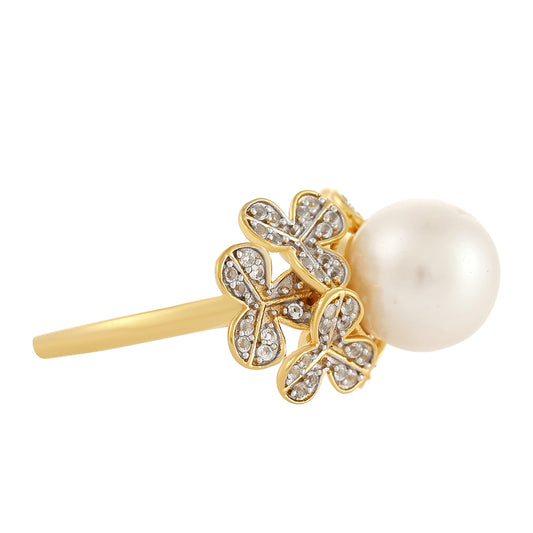 Anel de Prata com Banho de Ouro com Pérola Cultivada de Baroque e Topázio Branco Contraste: Cabeca de Veado (800)