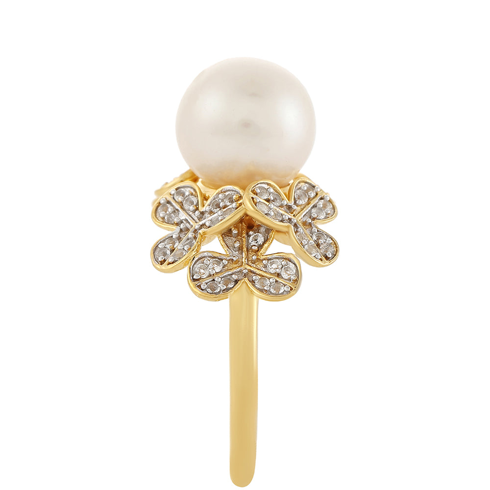 Anel de Prata com Banho de Ouro com Pérola Cultivada de Baroque e Topázio Branco Contraste: Cabeca de Veado (800)