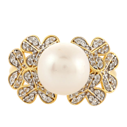 Anel de Prata com Banho de Ouro com Pérola Cultivada de Baroque e Topázio Branco Contraste: Cabeca de Veado (800)