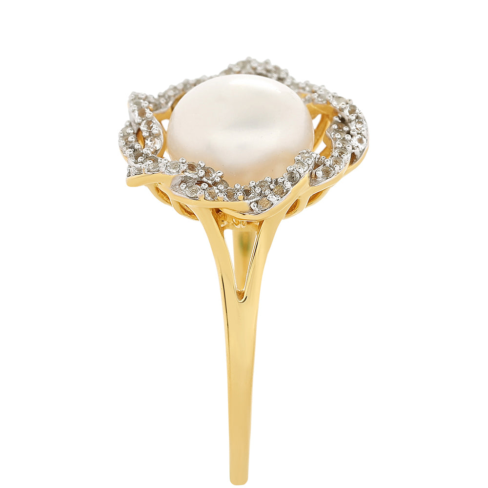 Anel de Prata com Banho de Ouro com Pérola Cultivada de Baroque e Topázio Branco Contraste: Cabeca de Veado (800)