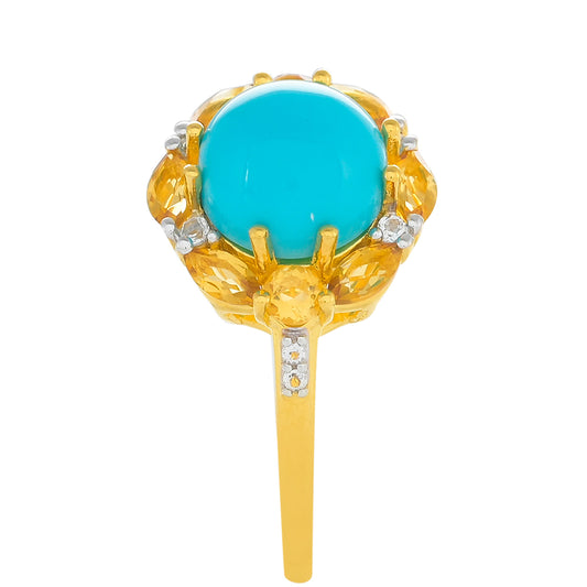 Anel de Prata com Banho de Ouro com Turquesa Bela Adormecida e Citrino