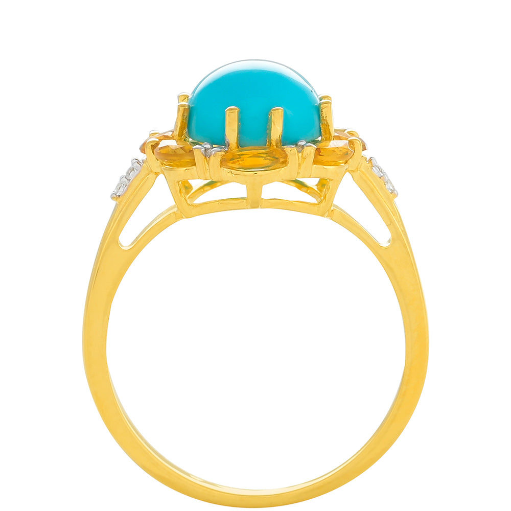 Anel de Prata com Banho de Ouro com Turquesa Bela Adormecida e Citrino
