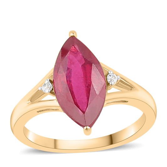 Anel de Prata com Banho de Ouro com Rubi da Tailândia e Topázio Branco