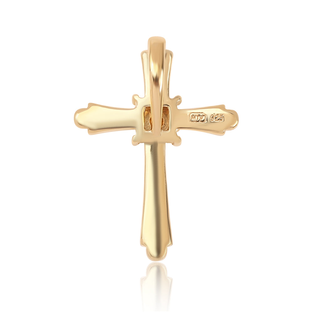 Cruz Pendente de Prata com Banho de Ouro com Diamante Azul