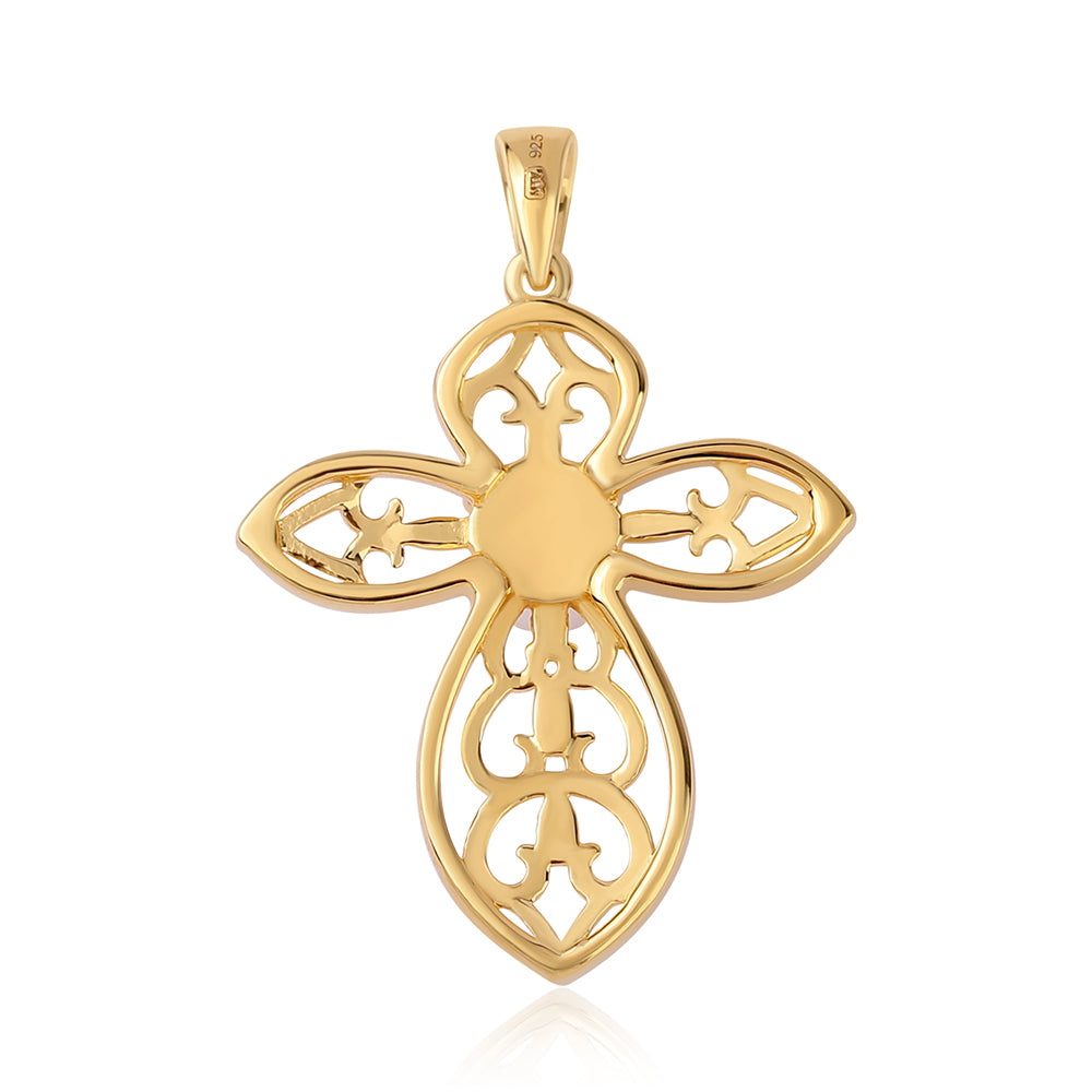 Cruz Pendente de Prata com Banho de Ouro com Pérola de Água Doce Branca Contraste: Cabeca de Veado (800)