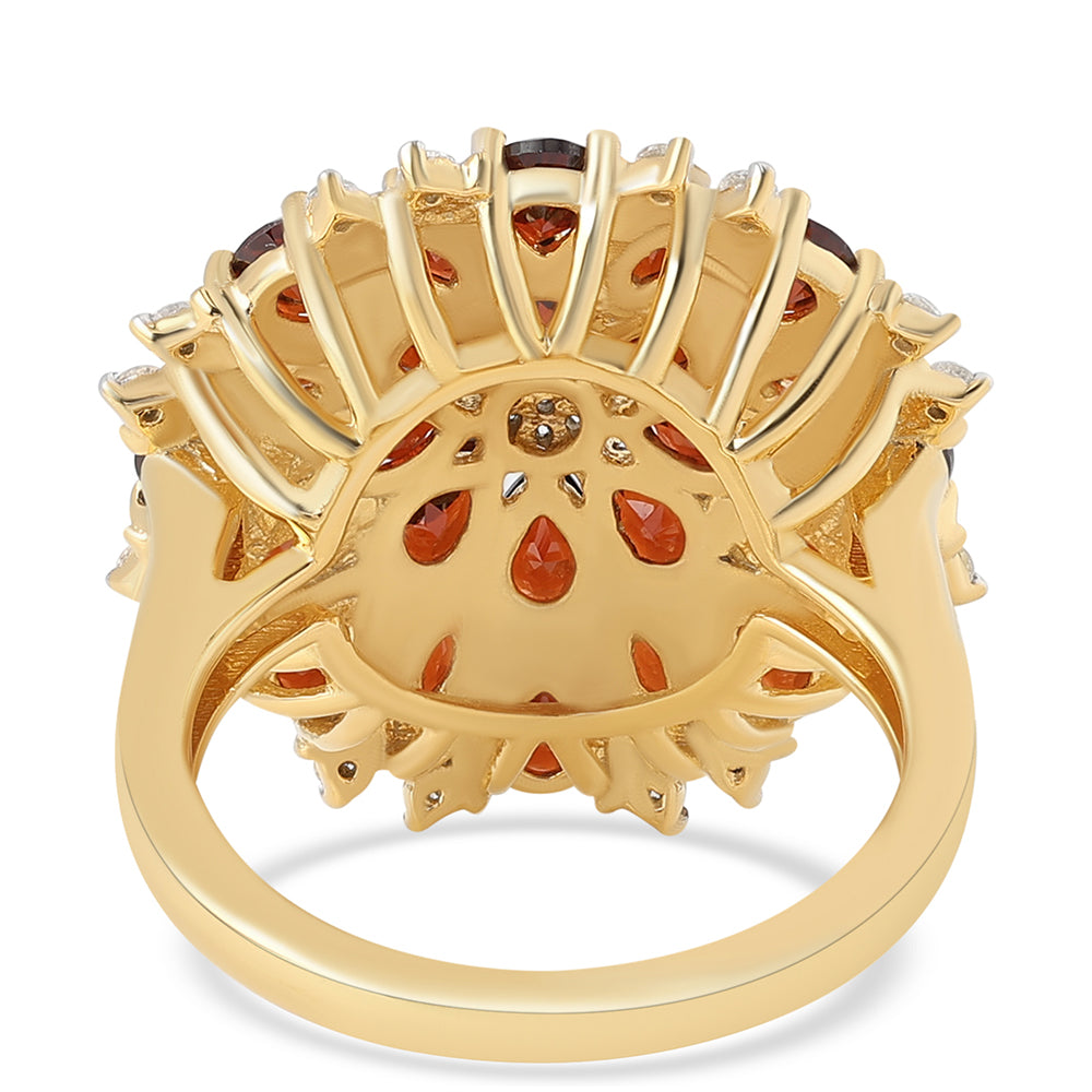 Anel de Prata com Banho de Ouro com Granada de Barton e Topázio Branco Contraste: Cabeca de Veado (800)